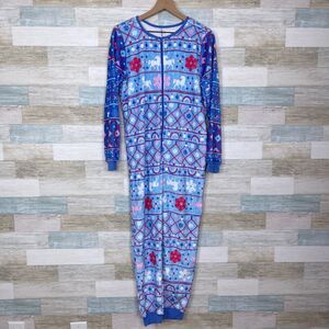 Awake Luxe Plush Rainbow Unicorn Fair Isle One Piece Pajama Blue Womens Small
